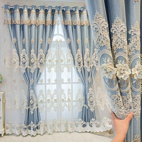 1 Panel European-Style Double-Layer Curtain, Embossed Floral Embroidered Sheer, Blackout Window Drapes For Bedroom & Living Room