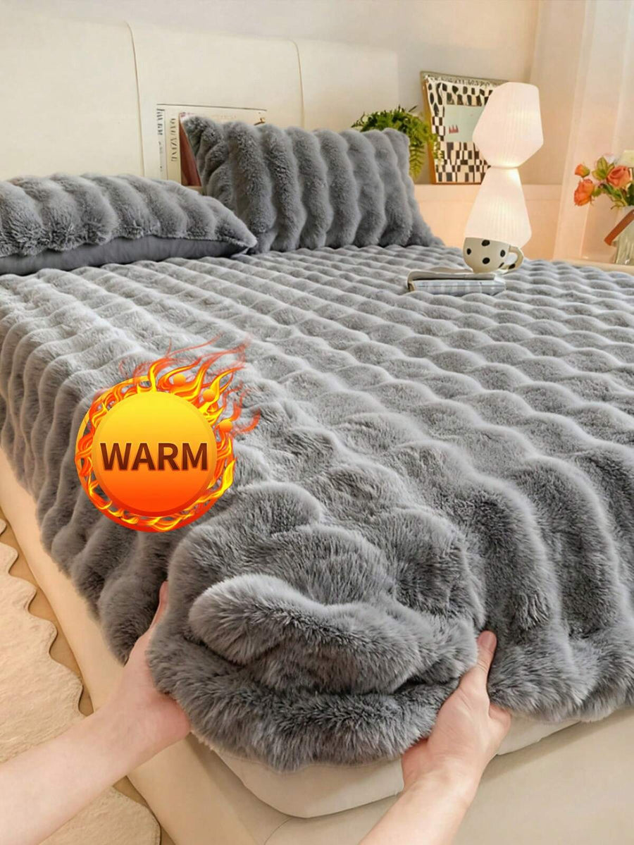 1pc Flannel Bubble Fitted Sheet, Bedding, Comfortable Home Textile, Soft Mattress Pad Cover, Gray Fitted Sheet, Deep Pocket Design, Fitted Sheet Only (No Pillowcase), Machine Washable, Suitable For Twin, Full, Queen, King Bed, Winter Decor
