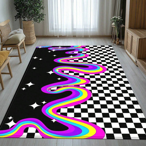 1pc Comfort Rainbow And Checkerboard Pattern Art HD Printed Carpet, Non-Slip Bottom, Polyester Mat For Living Room Bedroom Office & Kitchen Decor Music Room Deco - More Stylish Home Décor With Intricate Patterns, Multiple Sizes Available